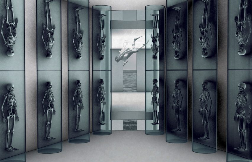Visualisation of skeletons in tubes with diver swimming by in the background