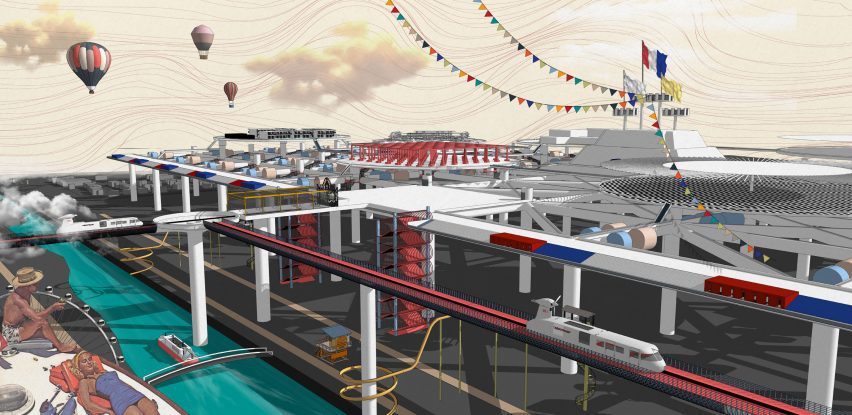 Futuristic rendering of a former airport clad in red, white and blue