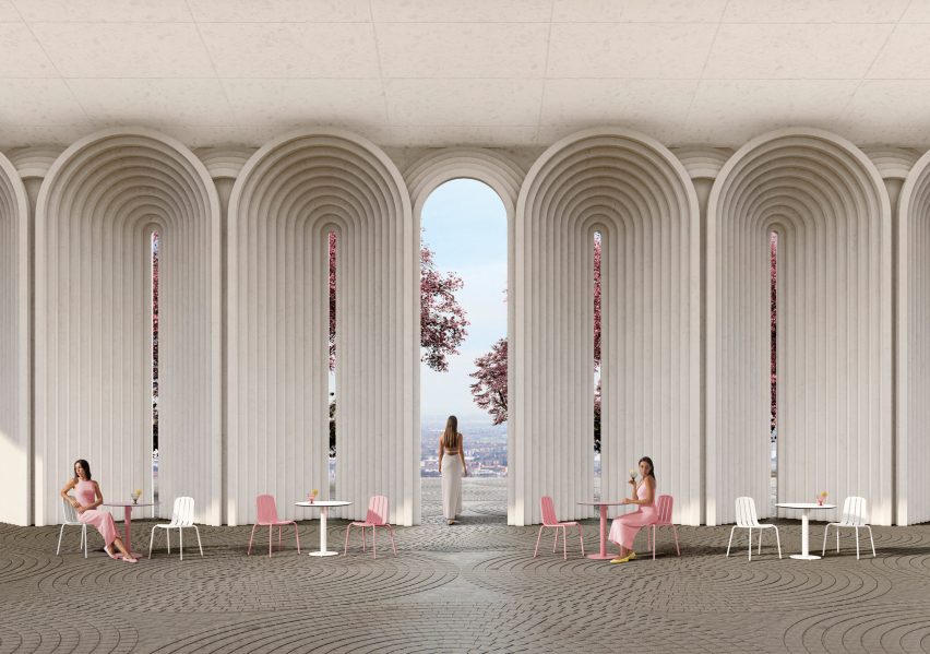 Models sitting on white and pink chairs in front of curved archways