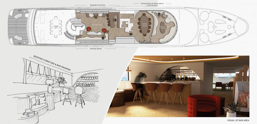 Board showing yacht floor plan and renderings