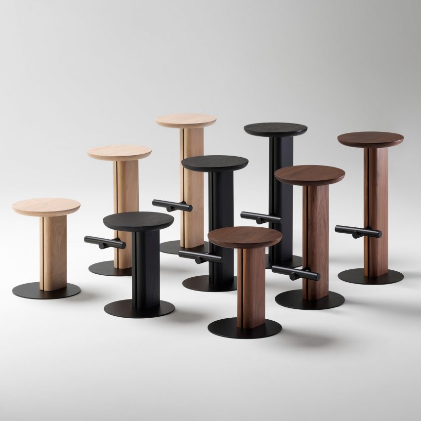Wooden stools lined up in height order