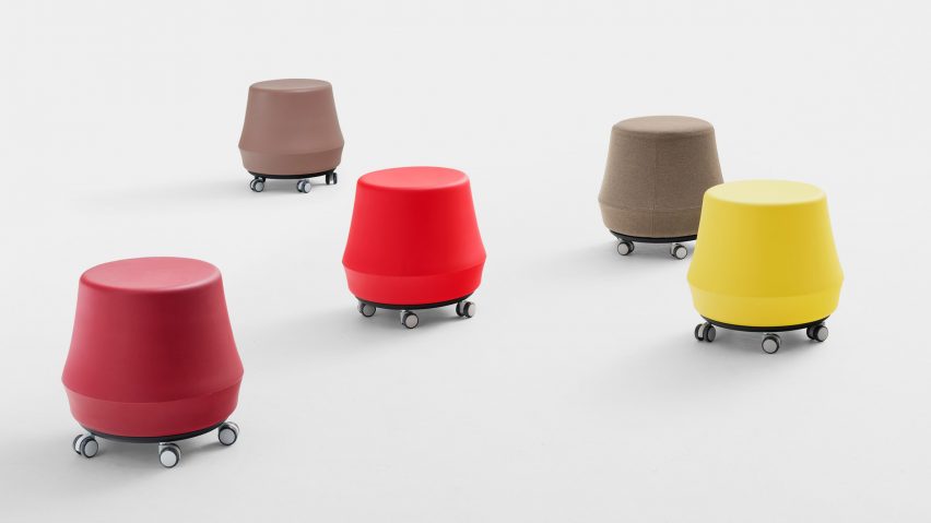 Red, yellow and brown Stump stools with wheels by Derlot