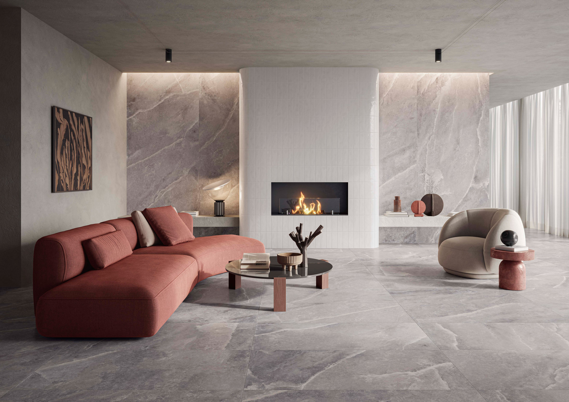 Living room with marble-style walls and floors