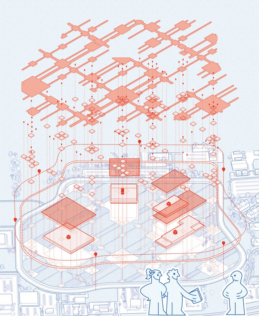 Exploded diagram showing a mall with solar panels on it