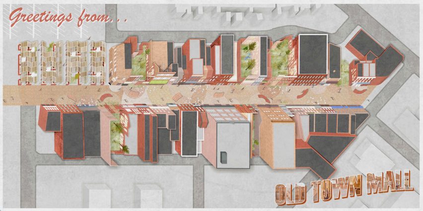 Visualisation showing birds eye view of rows of houses in postcard style
