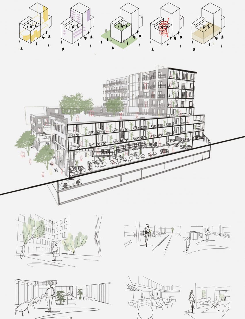 Tablero que muestra varios dibujos arquitectónicos de edificios residenciales