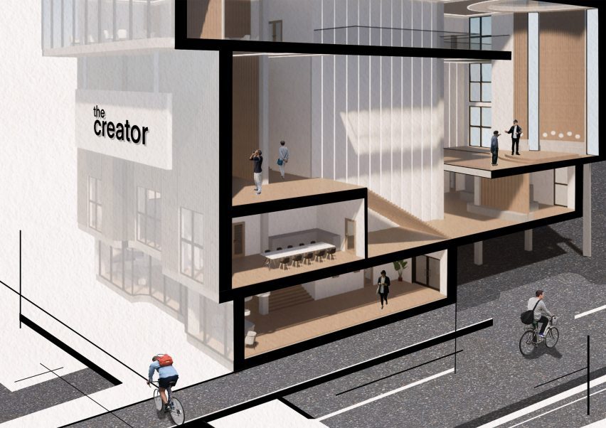 Visualización que muestra una vista en sección de un edificio de uso mixto