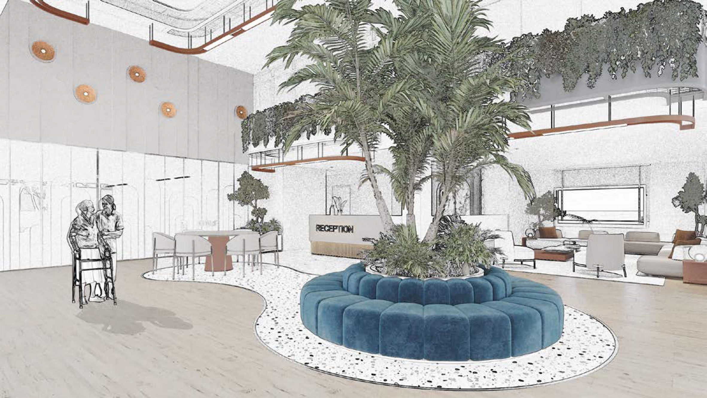 Visualisation showing interior of healthcare facility with palm trees