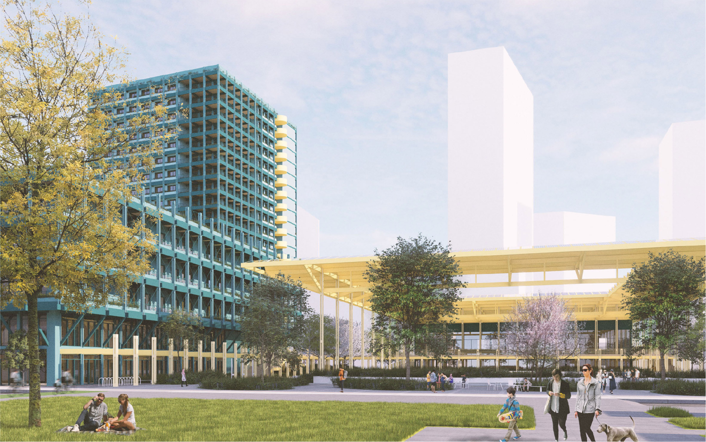 Visualisation showing exterior of blue and yellow building