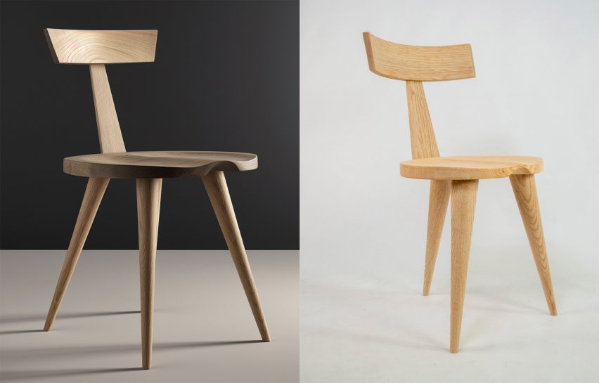 Two photographs of a three-legged chair