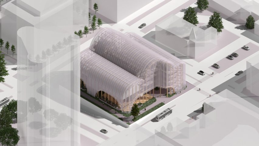 Visualisation showing building covered in transparent shell on city block