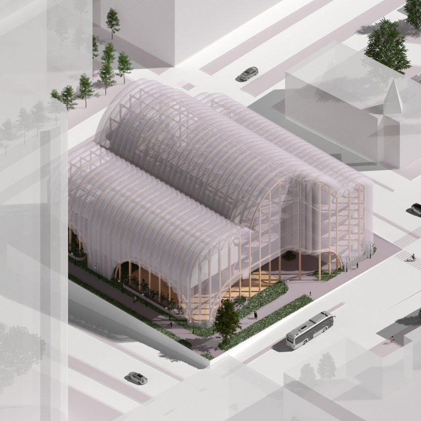 Visualisation showing city block with building covered in semi-transparent skin