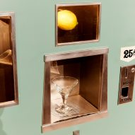 A blue vending machine dispensing martinis