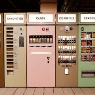 A series of colourful vending machines on wooden decking