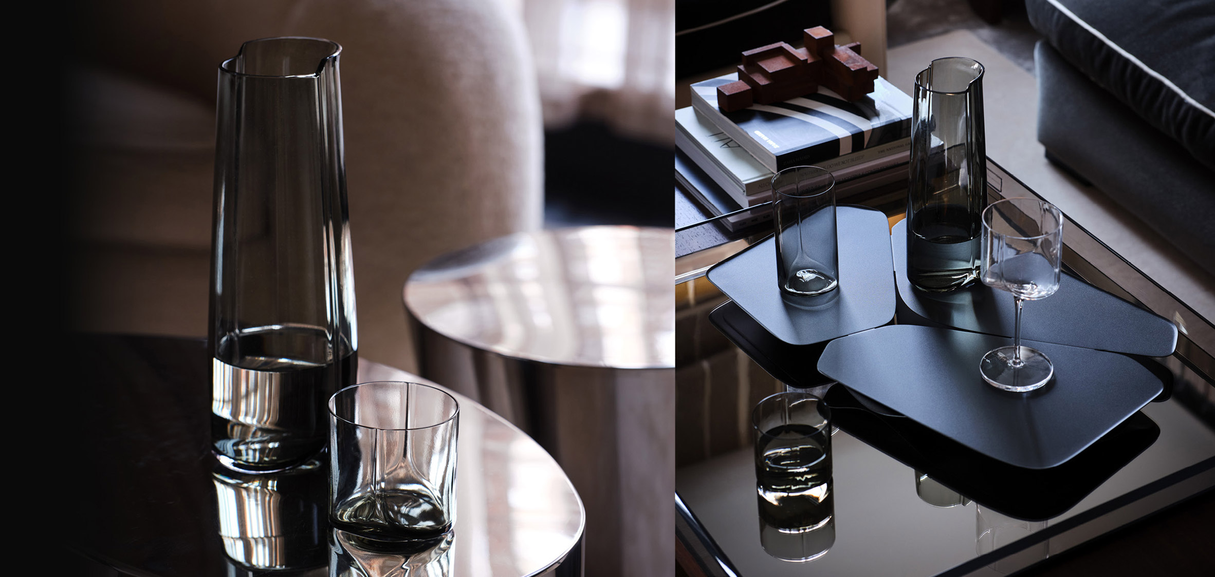 Photograph showing glassware on coffee table