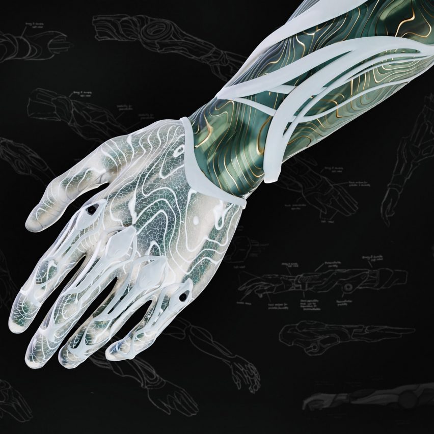High-tech prosthetic hand on black background