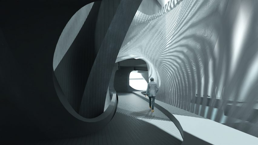 Figure walking through curved corridor