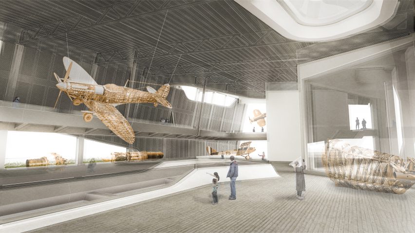 Visualisation s،wing interior of museum with aircraft hanging from ceiling