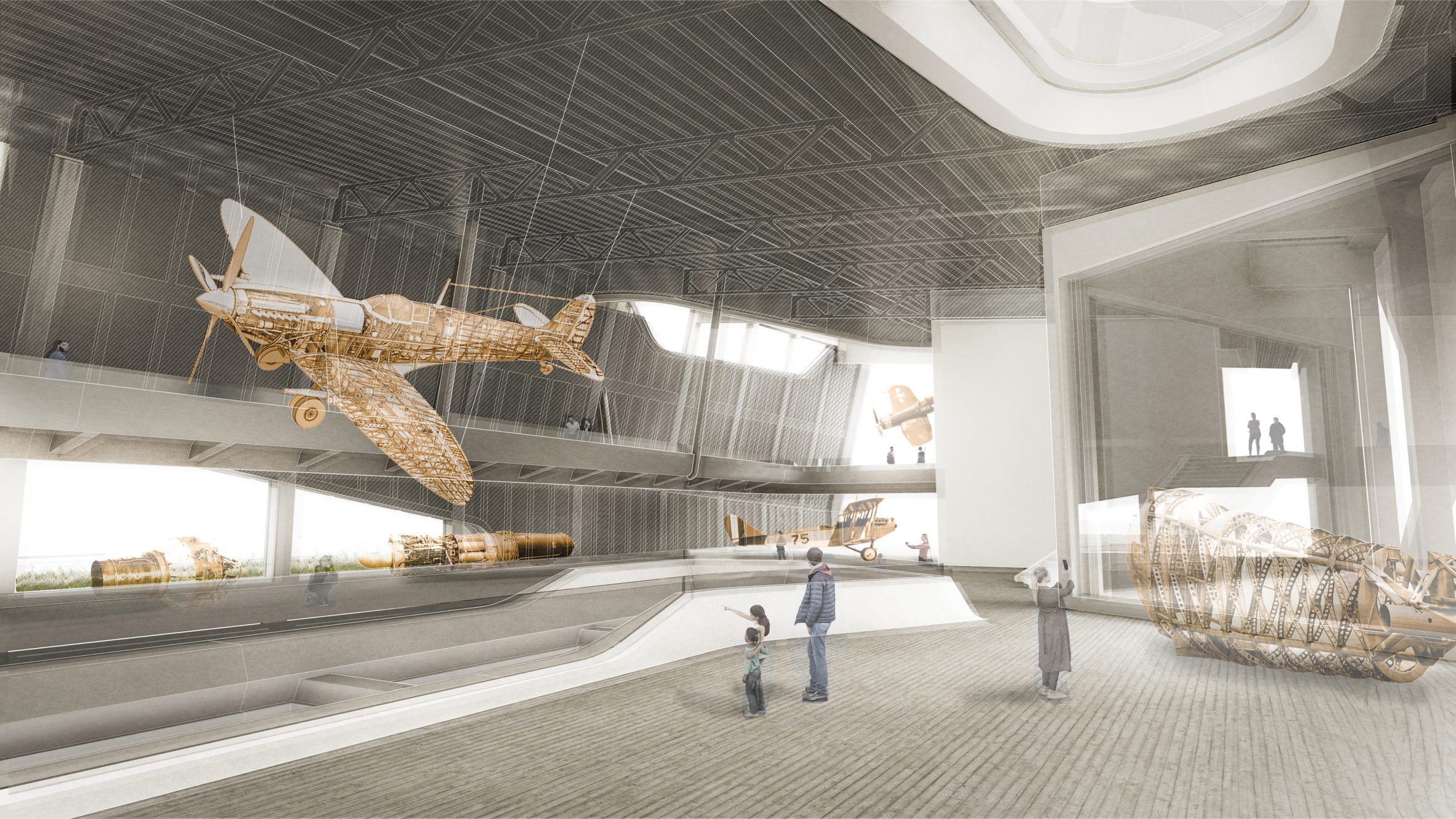 Visualisation showing interior of museum with aircraft hanging from ceiling