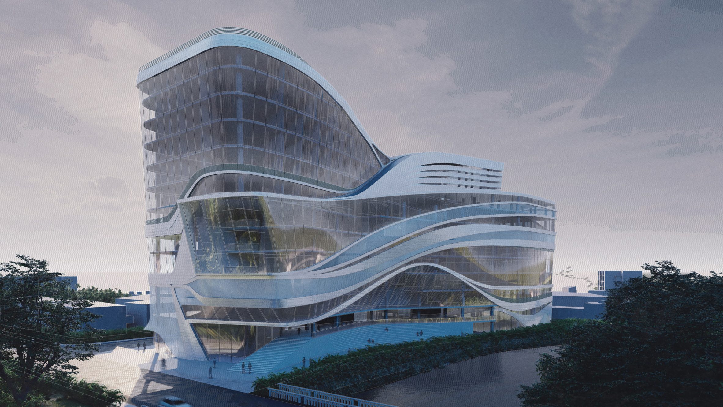 Visualisation showing mixed-use building with a facade made up of curves