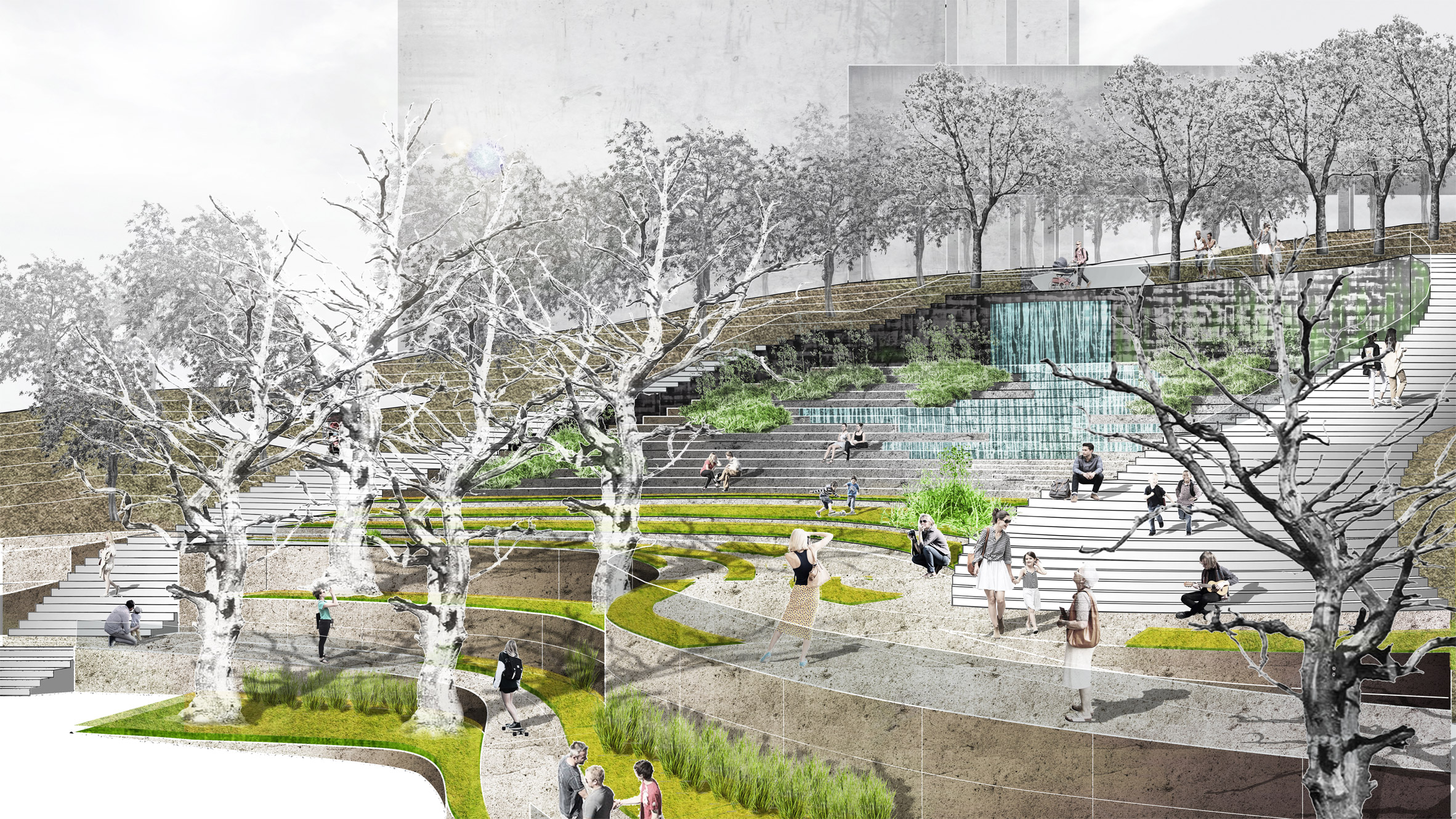 Collage render of a landscape architecture project