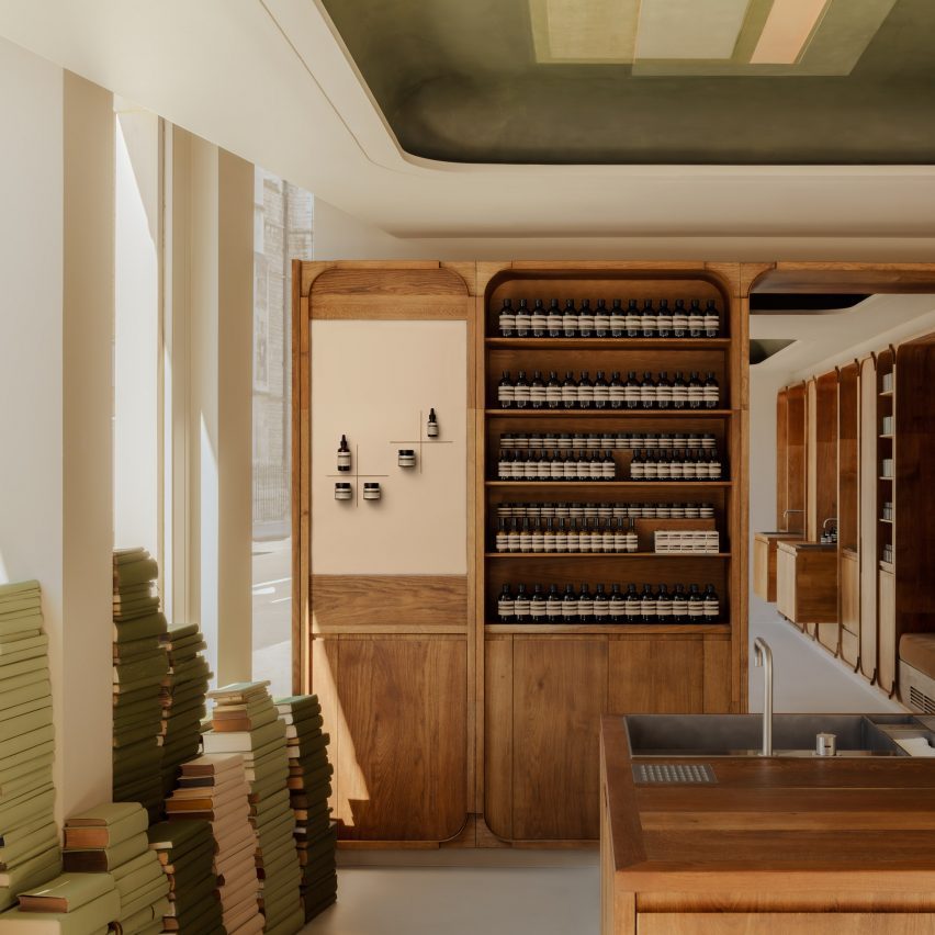 Stacked books within the interior of the Aesop store in Marylebone