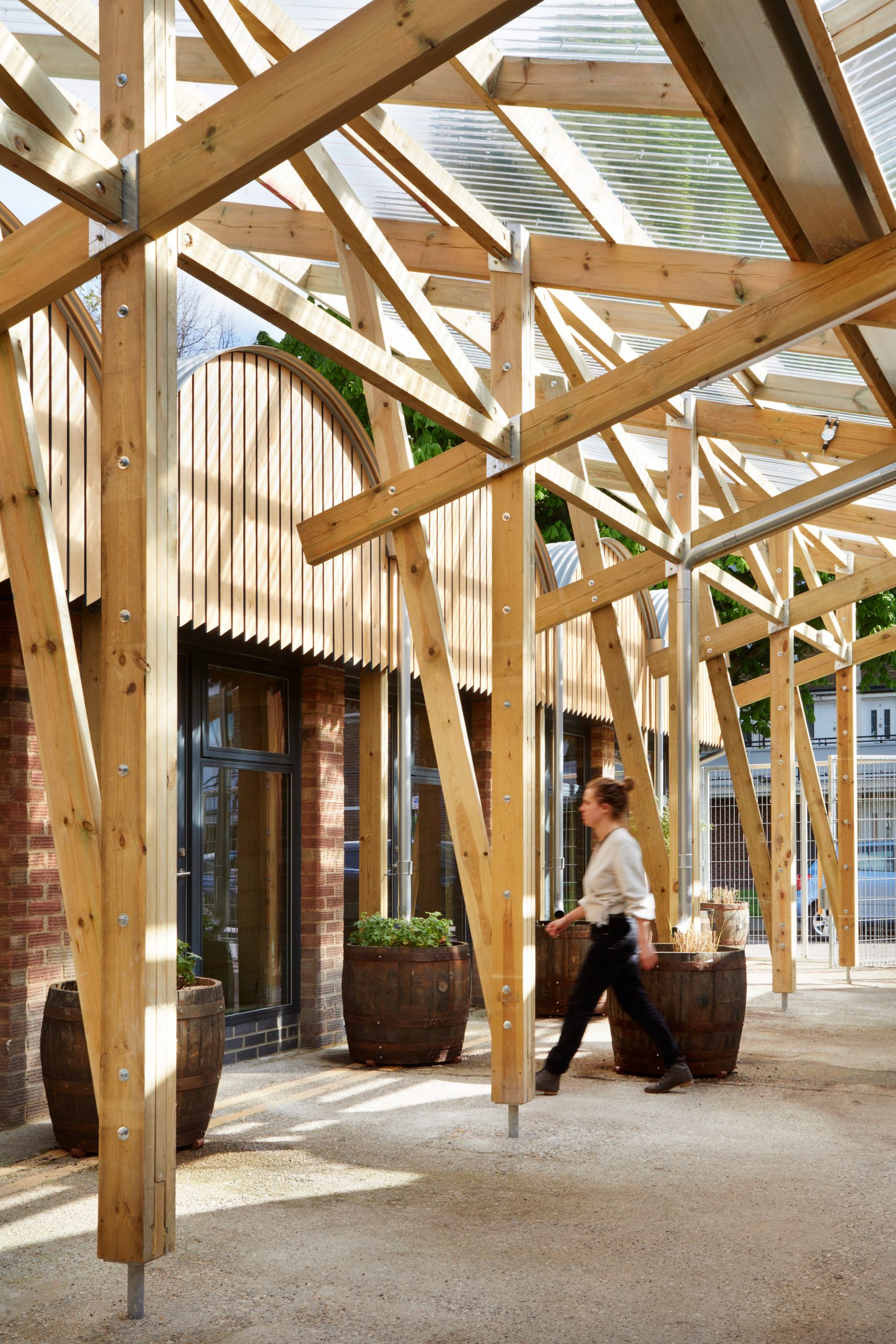Timber structure of Angel Yard by Jan Kattein Architects