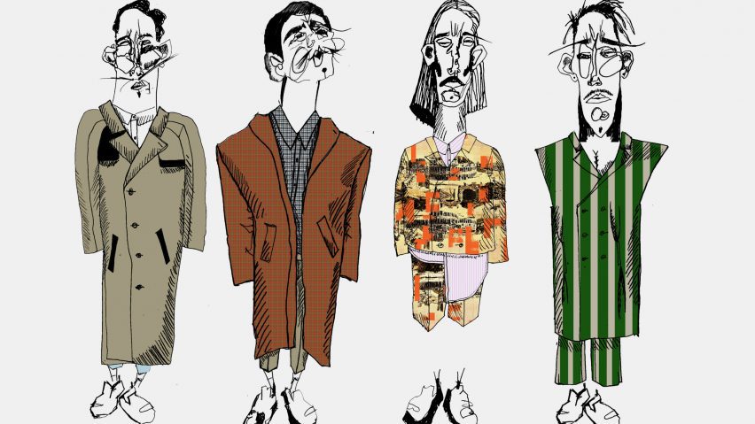 Four sketches by a Sheffield Hallam University student of men's fashion designs