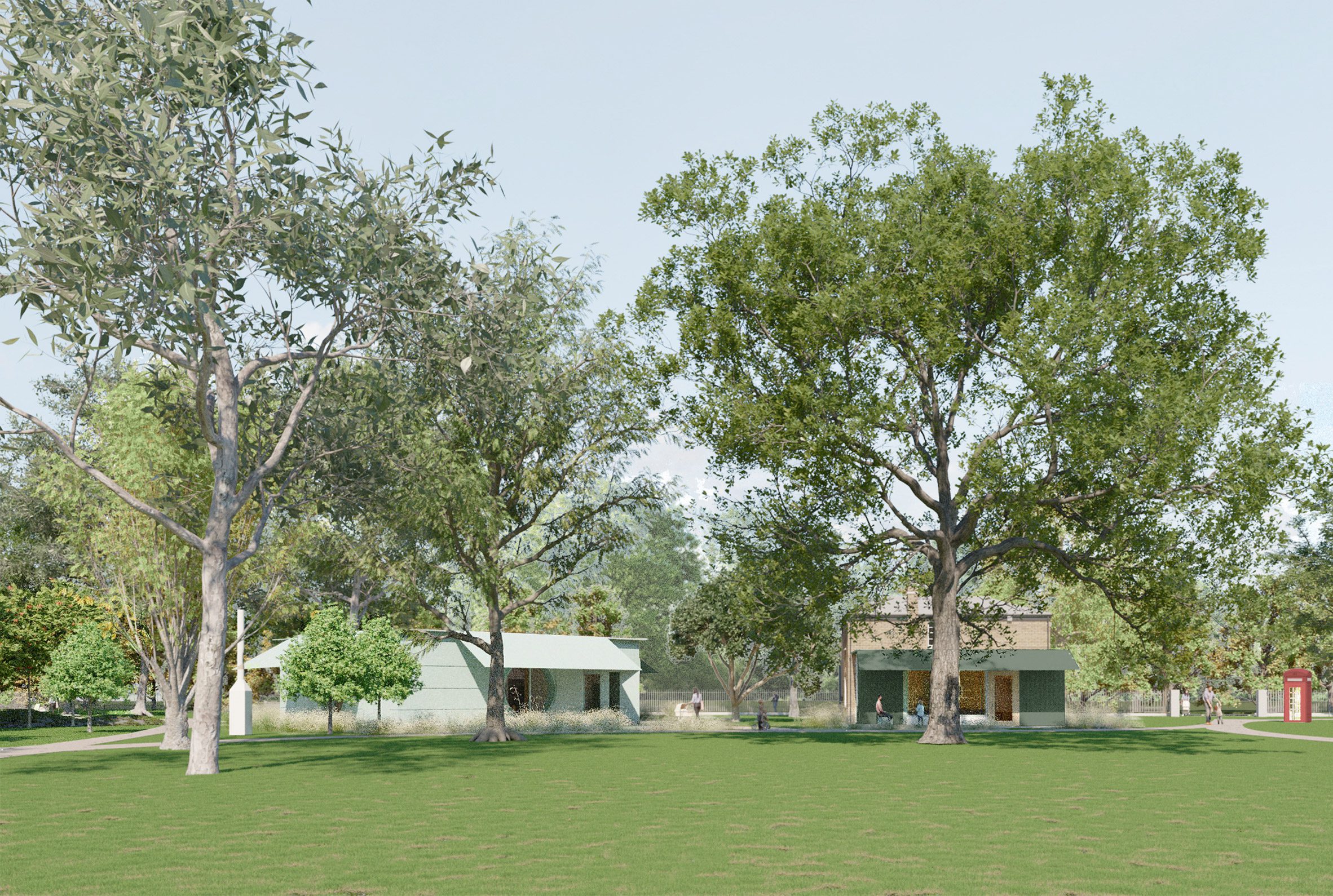 Render of Carmody Groarke's Dulwich Picture Gallery extension and pavilion in a meadow