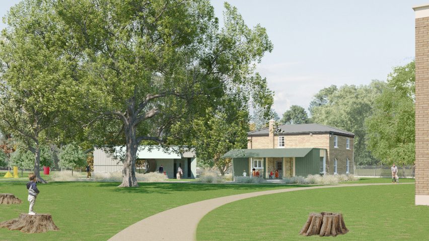 Render of Carmody Groarke's Dulwich Picture Gallery extension and pavilion in a meadow
