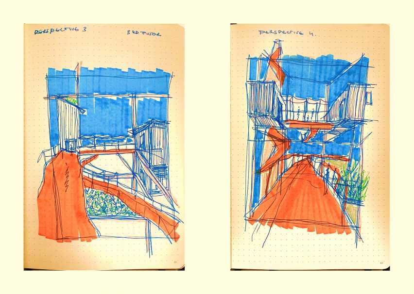 Scan of two sketchbook pages showing sketches of ribbon-like walkways through a garden and creative hub