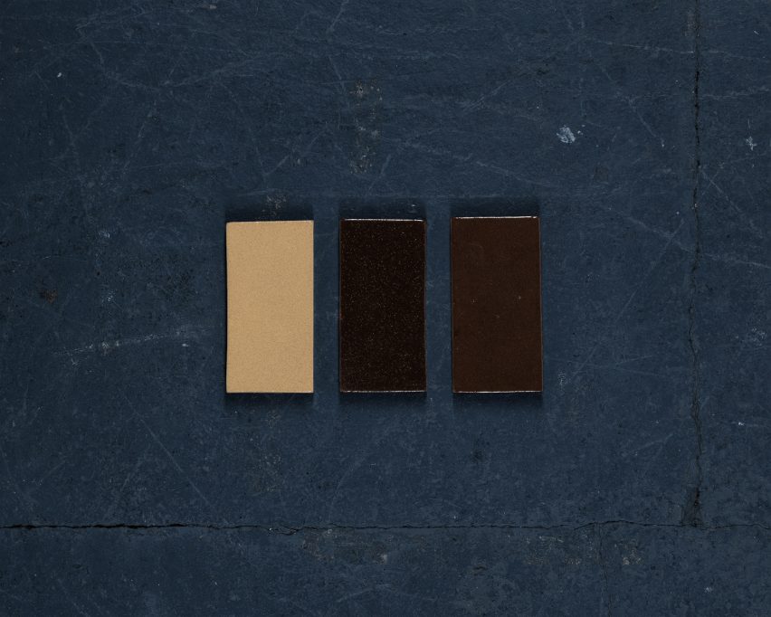 Photo of three small blocks of fired, glazed clay next to each other, in colours ranging from beige on the left to very dark brown in the middle to chocolate brown on the right