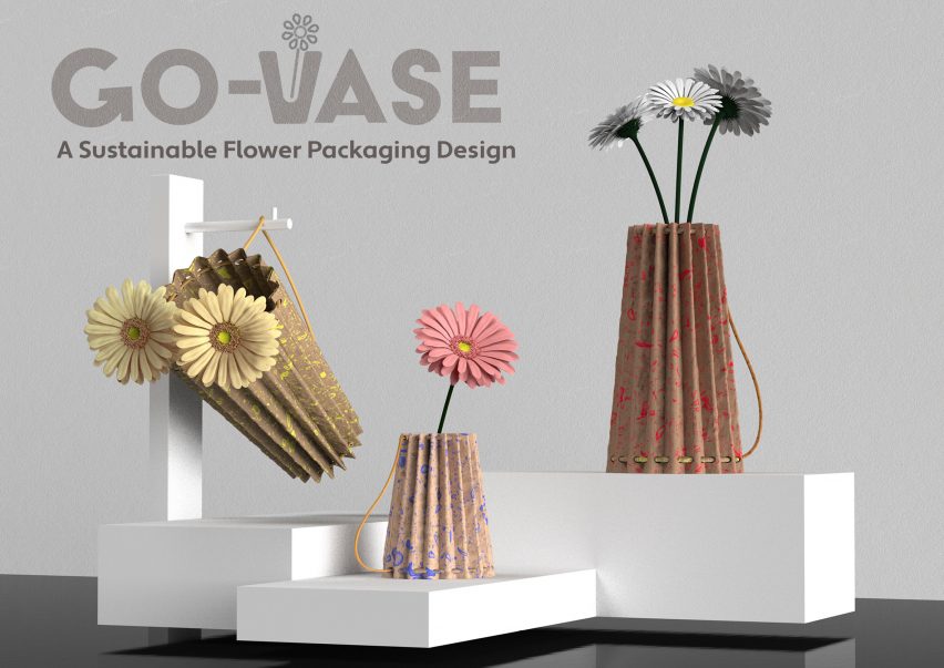 Display of sustainable flower packaging that converts into vases