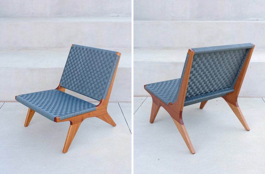 Two different views of a blue hand-crafted lounge chair