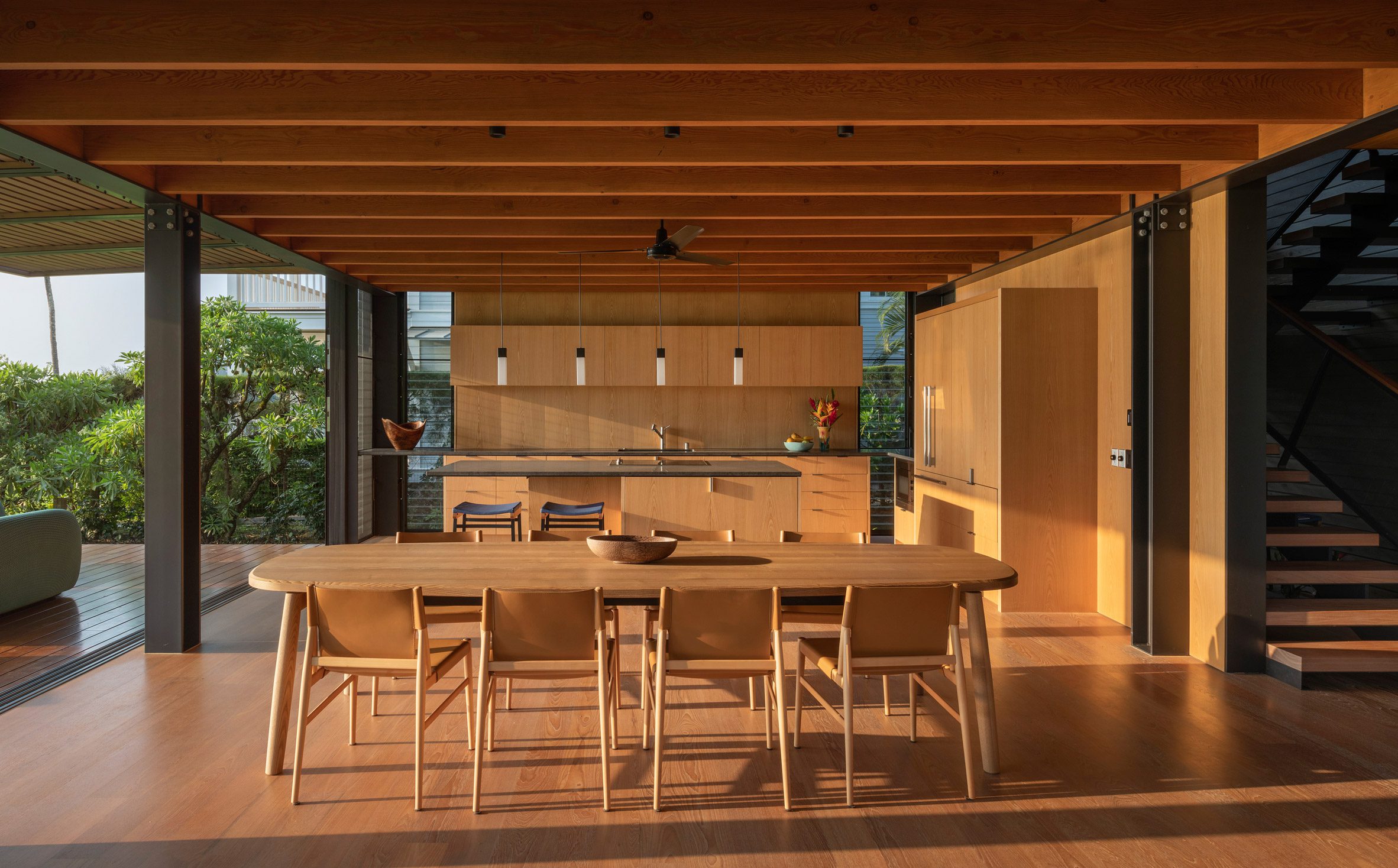 Timber-clad kitchen within Olson Kundig house in Hawaii