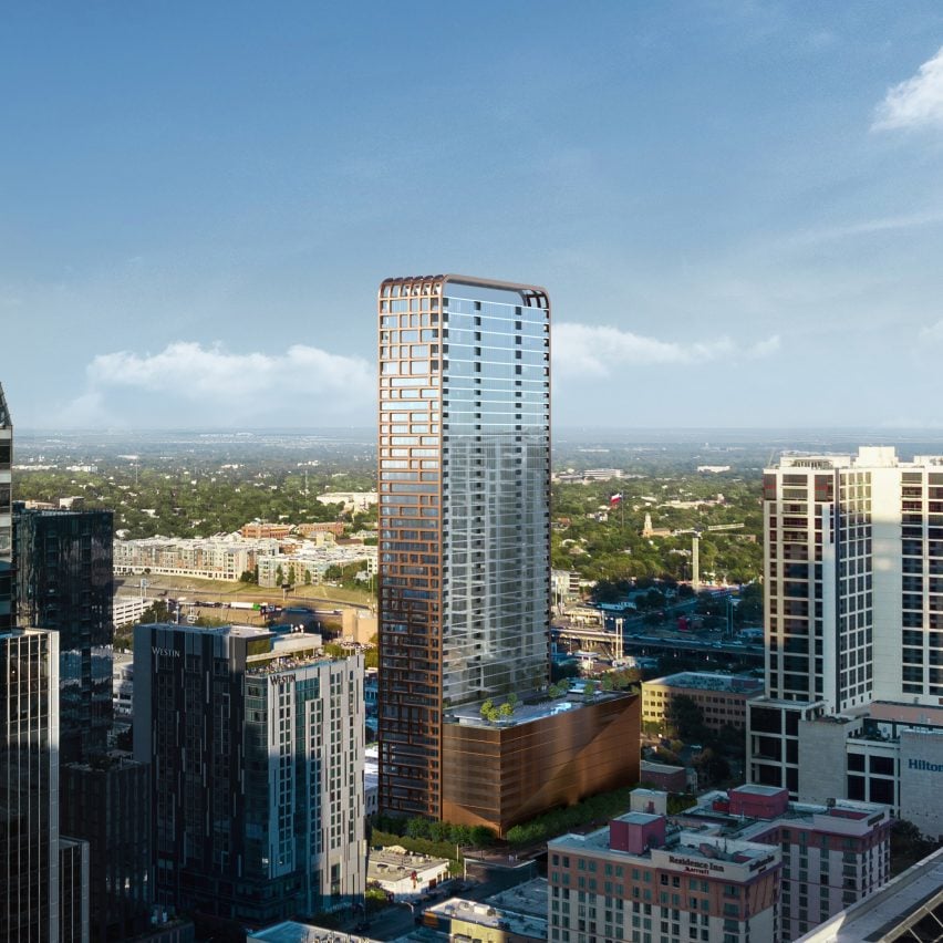 Wilson Tower rendering with Austin skyline