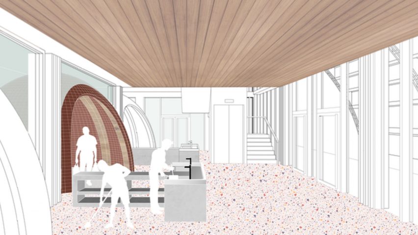 Visualisation of people in kitchen area with terrazzo floor
