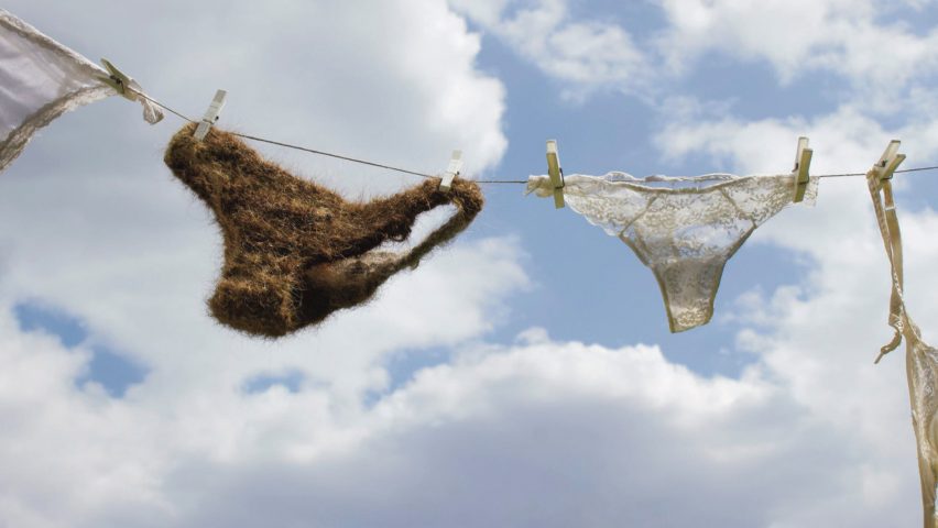 Photograph of washing line with underwear on it with sky in background