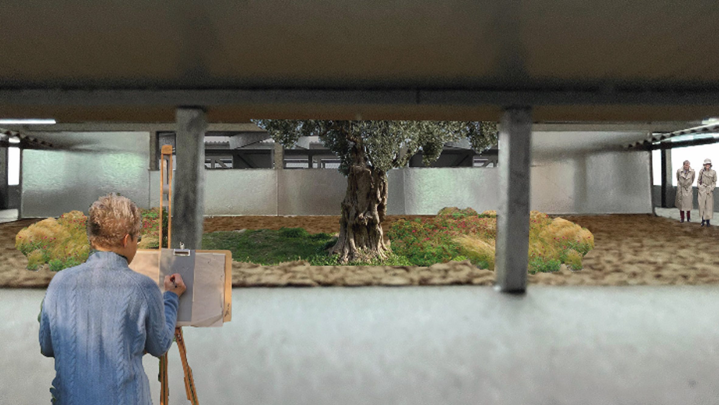 Visualisation showing person drawing a tree inside former grain soli