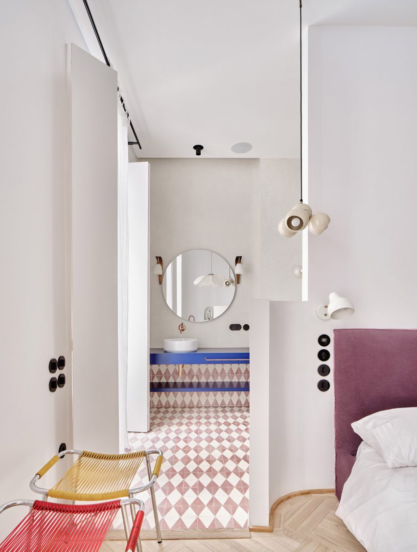 Bedroom and en-suite with patterned floor tiles