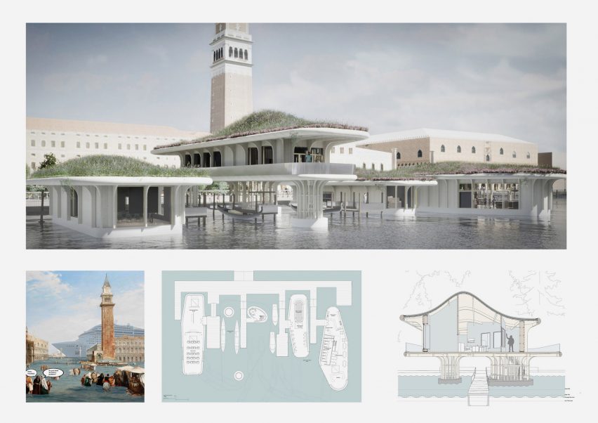 Board showing architectural drawings and renderings of a research and education hub in the Venice, Italy