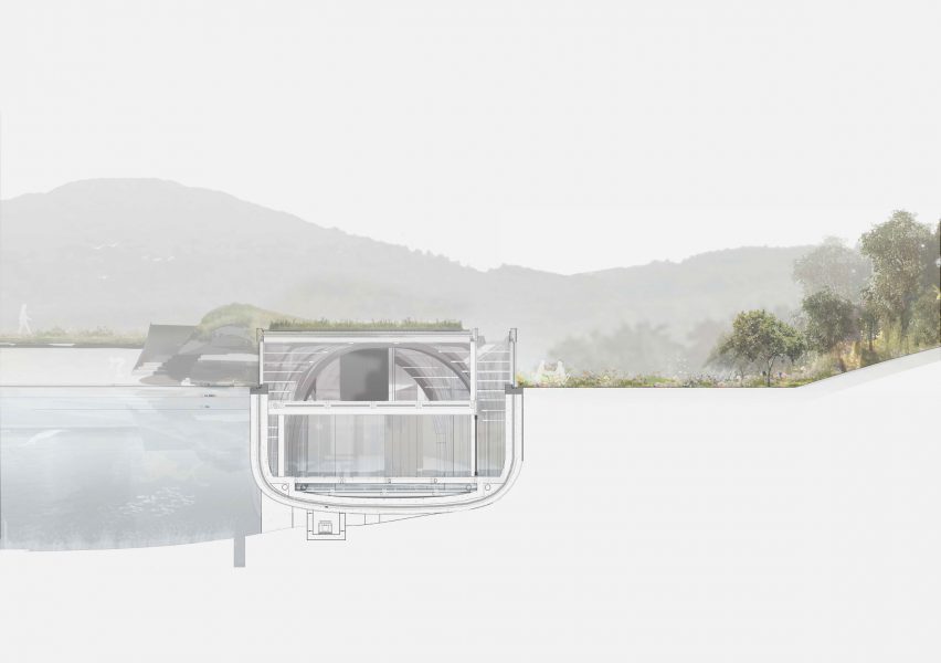 Section drawing of a marine research centre in the Lake District, England
