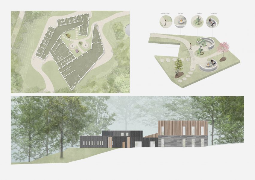 Board showing architectural drawings of a learning centre in the Lake District, England
