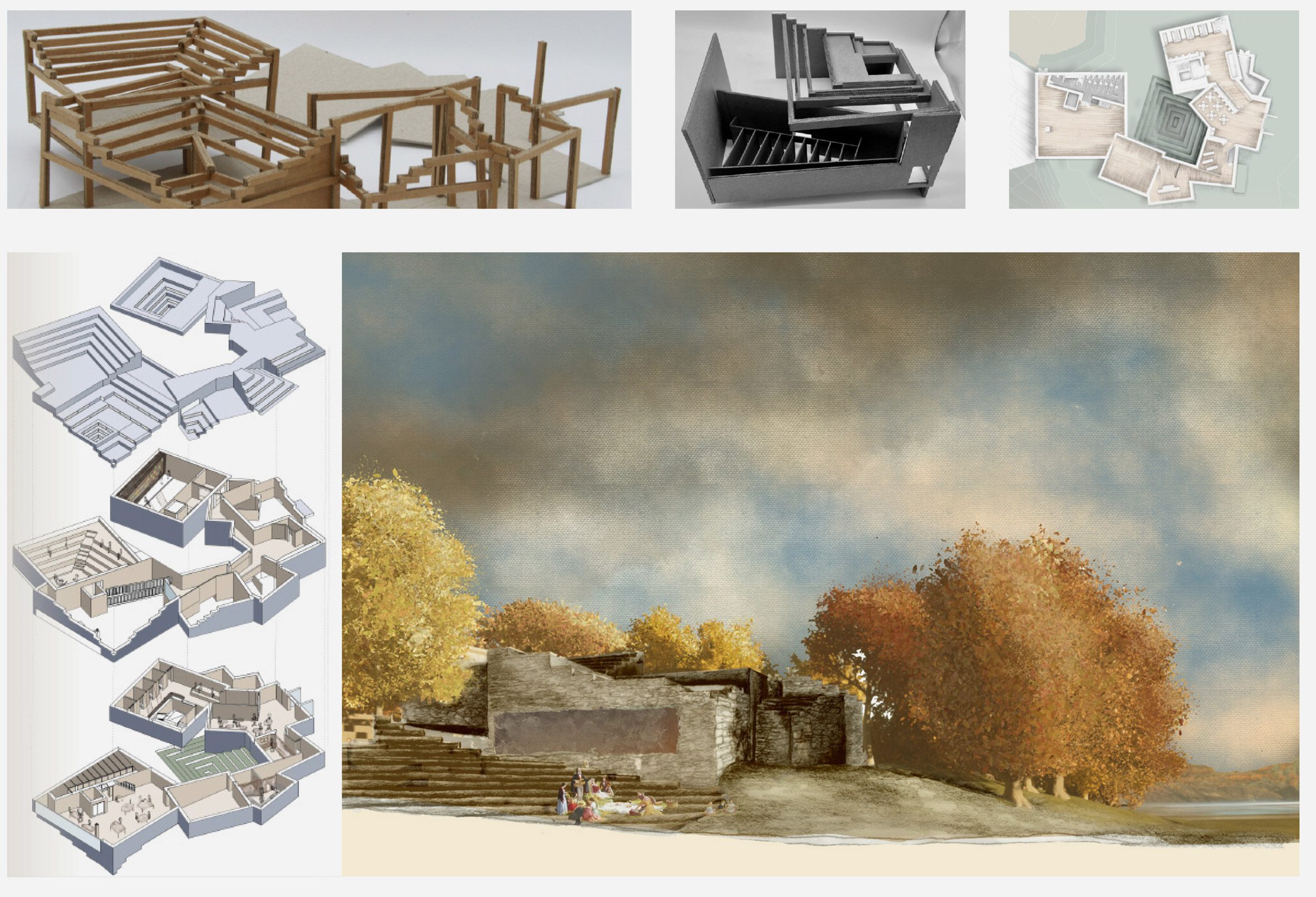 Board showing architectural drawings, models and renderings of a learning centre in the Lake District, England