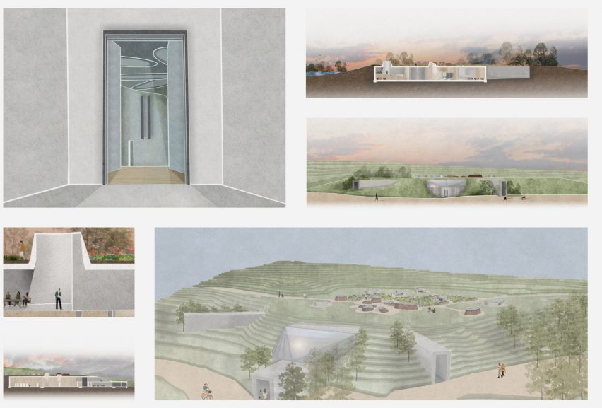 Board showing architectural drawings and renderings of a learning centre in the Lake District, England