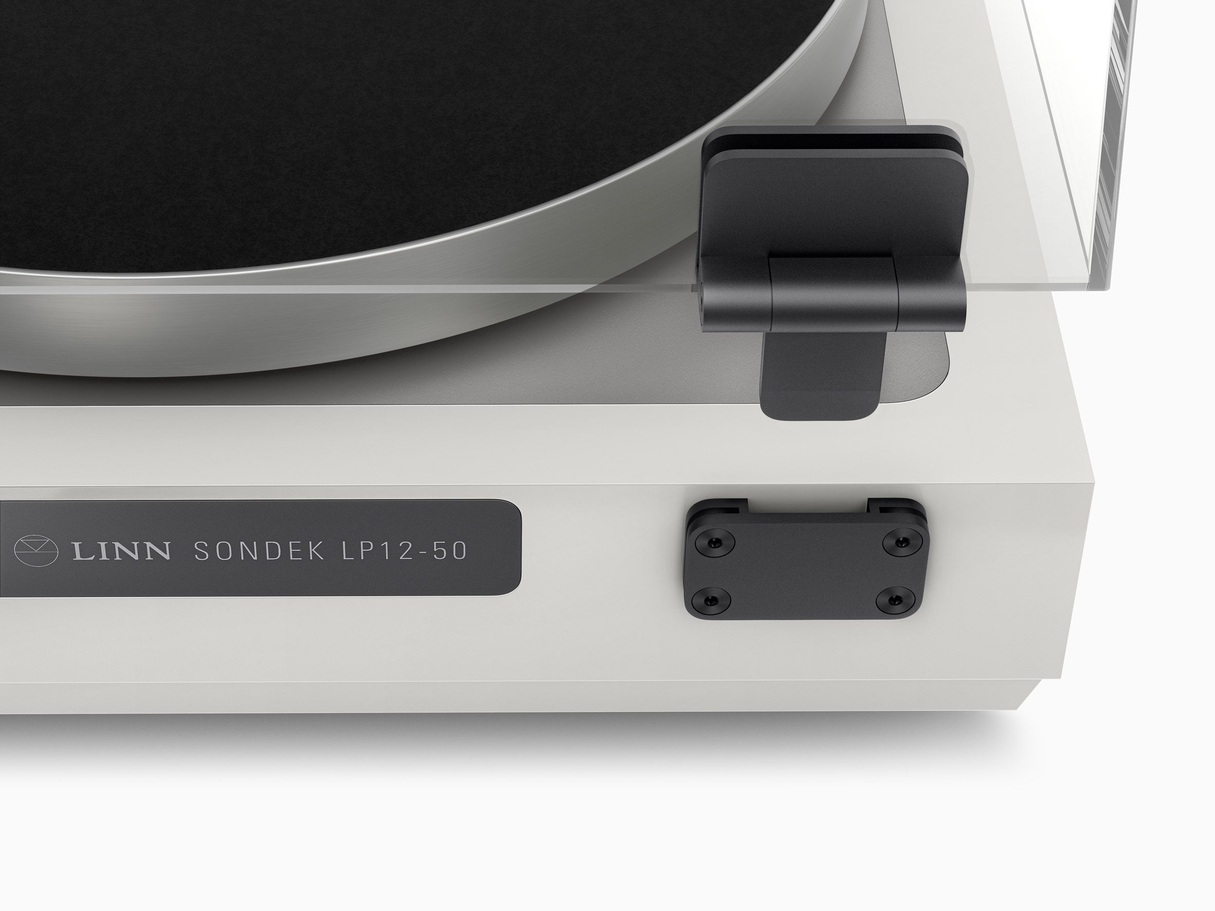 Close-up rendering of the back right corner of the Sondek LP12-50 showing redesigned hinge