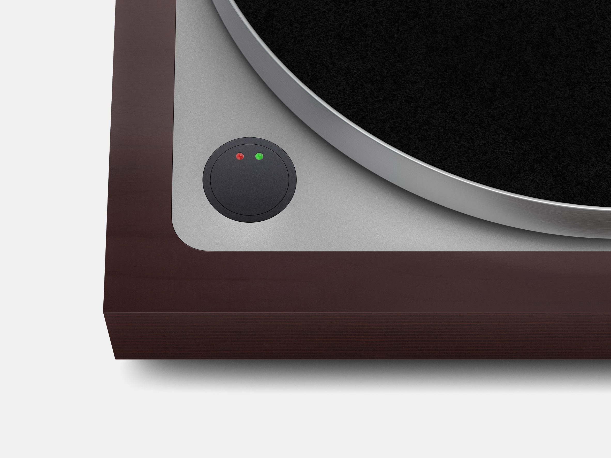 Rendering of the bottom left corner of the Linn Sondek LP12-50 showing a redesigned, circular and flat primary button with two small red and green lights