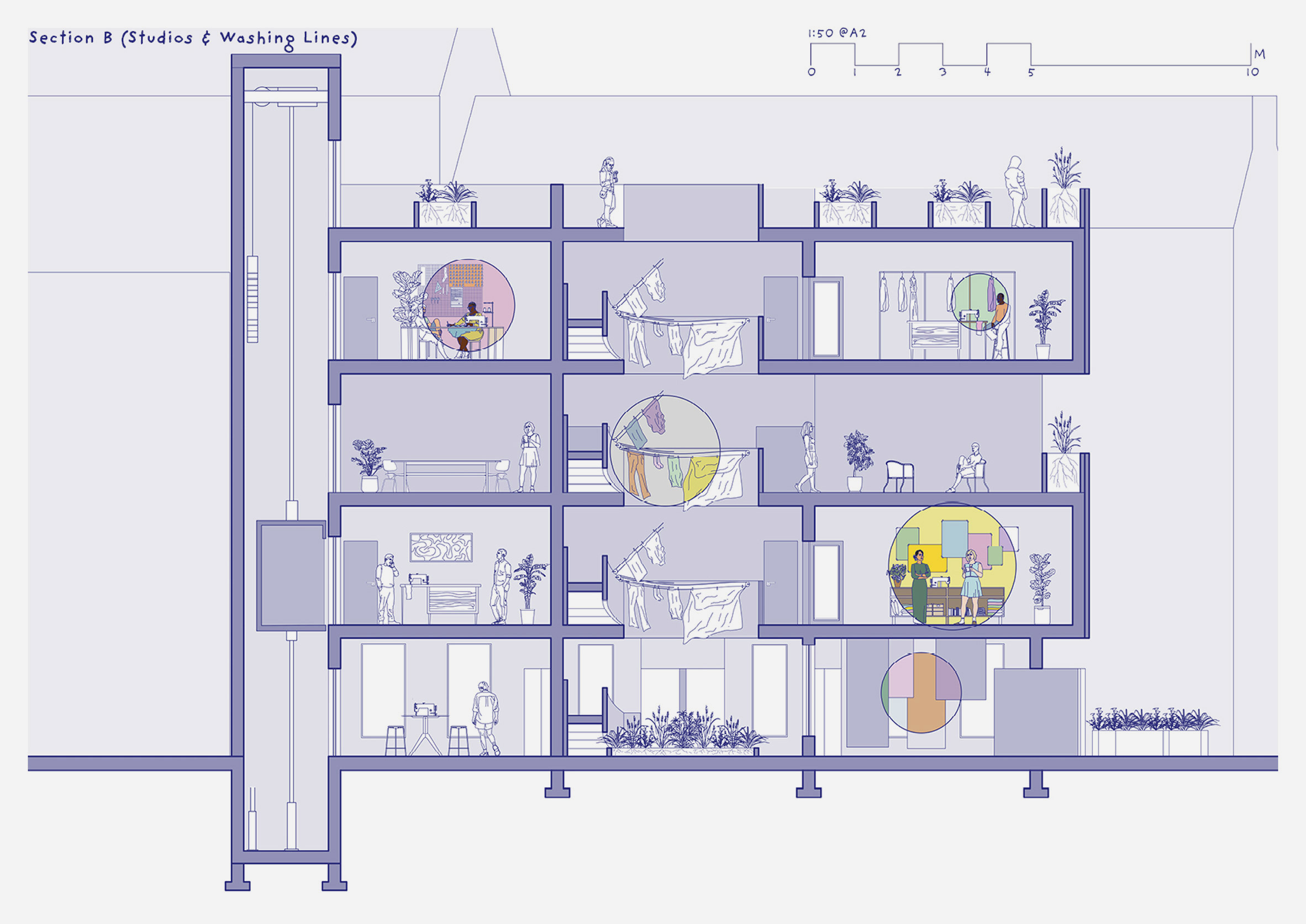 Illustrated section drawing of a live-work apartment