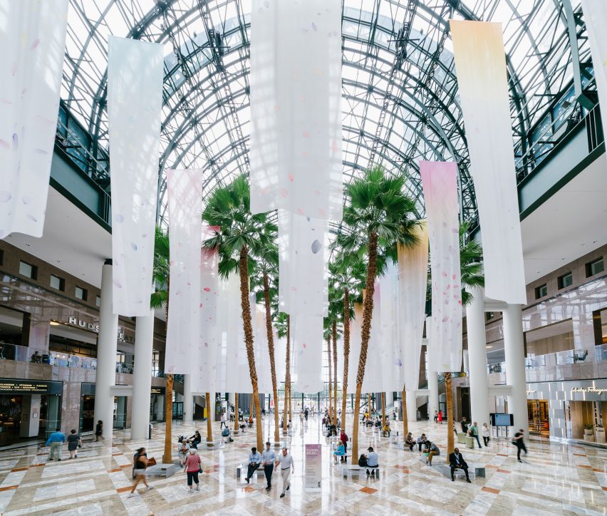 Suspended banners by Miya Ando in Brookfield Place mall