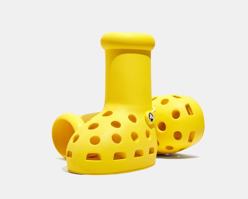 Yellow oversized boots by MSCHF and Crocs